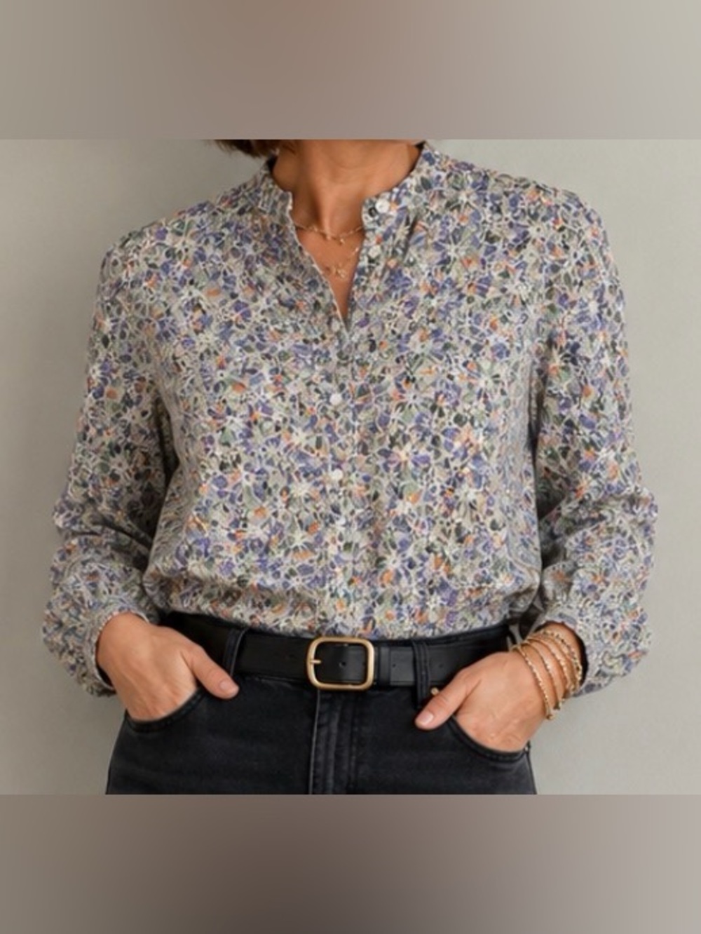 Women’s Floral Button-Front Blouse in Lavender and Cream